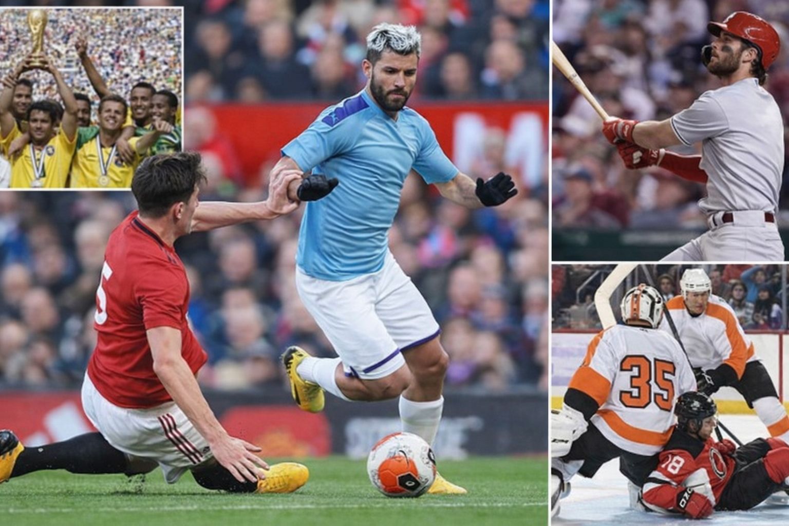 Collage: fotbollsspelare i aktion, basebollspelare, ishockeyspelare och firande fotbollsfans.