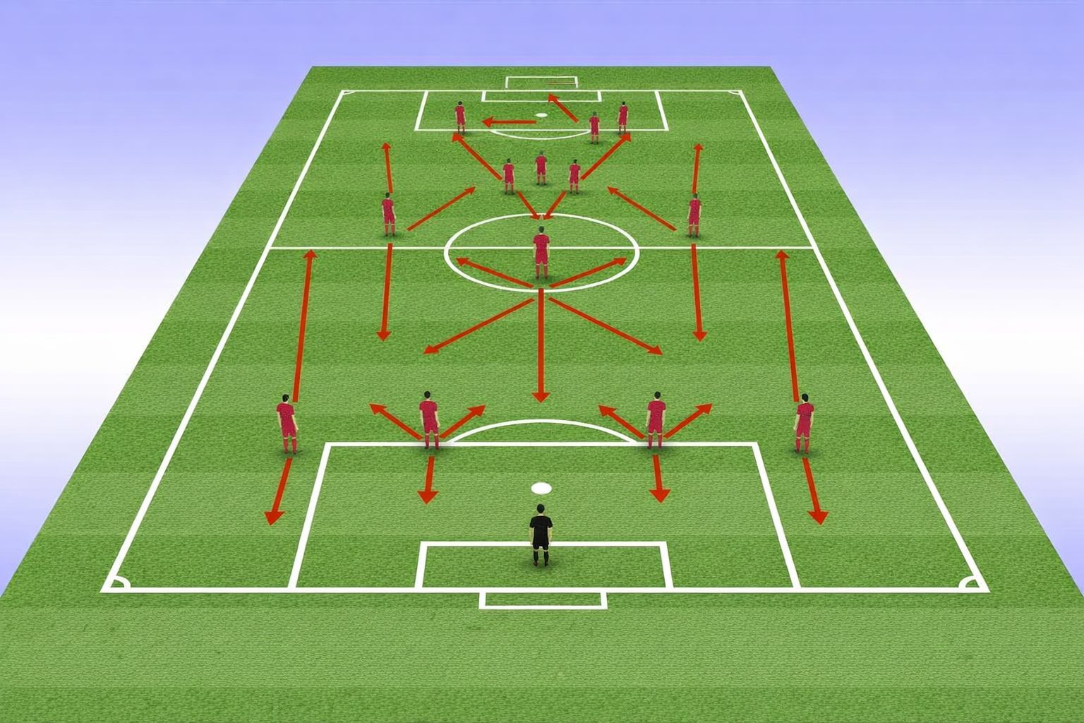 Illustration av ett fotbollslag i diamantformation på en grön plan.