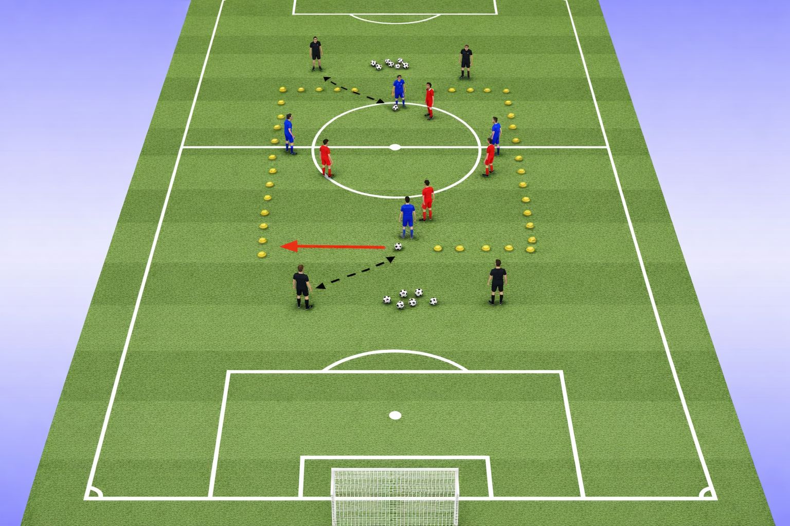 Träningsövning på fotbollsplan med konrutor och spelare i rött och blått i diamantform